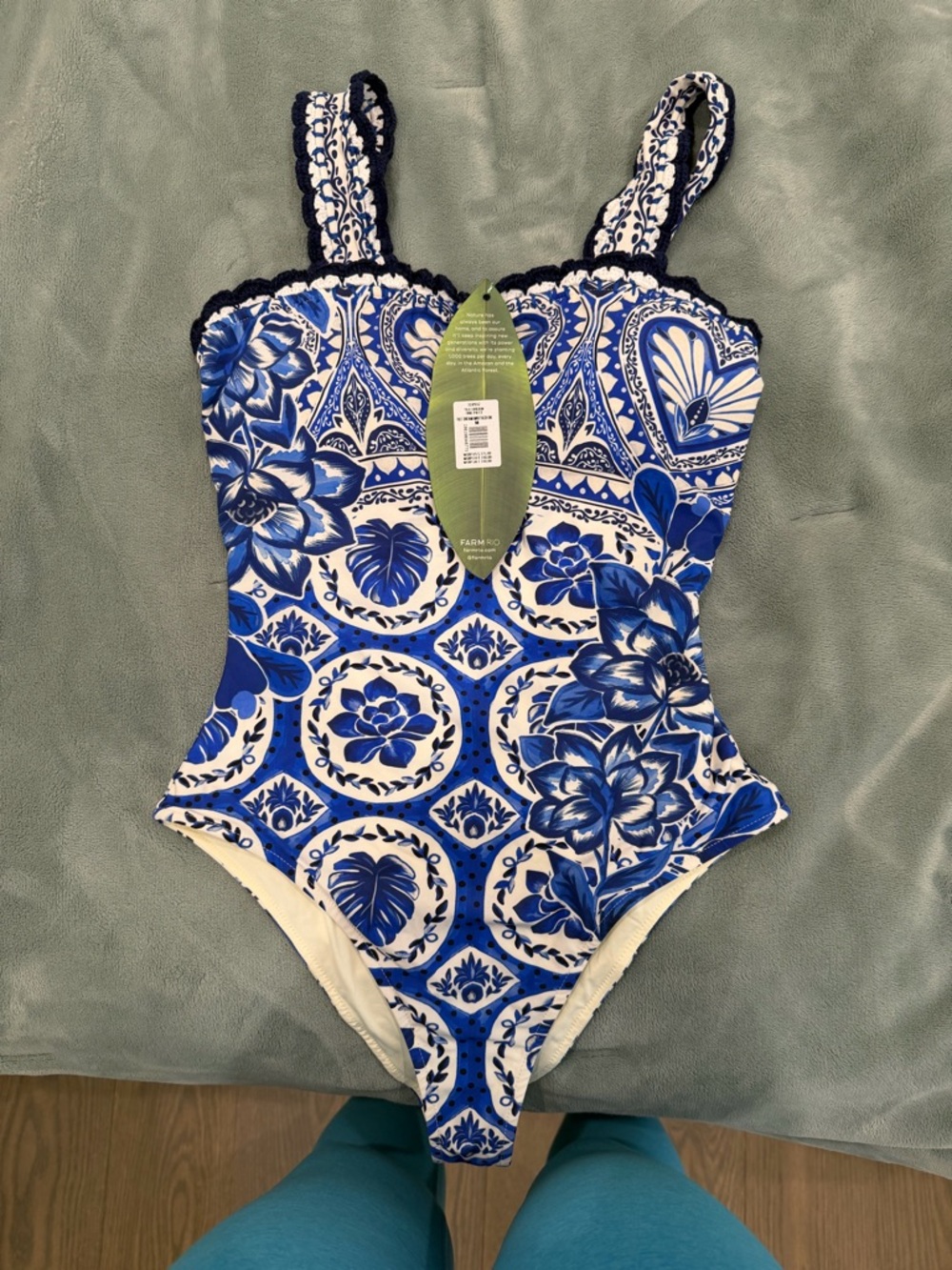 FARM Rio Blue and White Floral Tile One-Piece Swimsuit